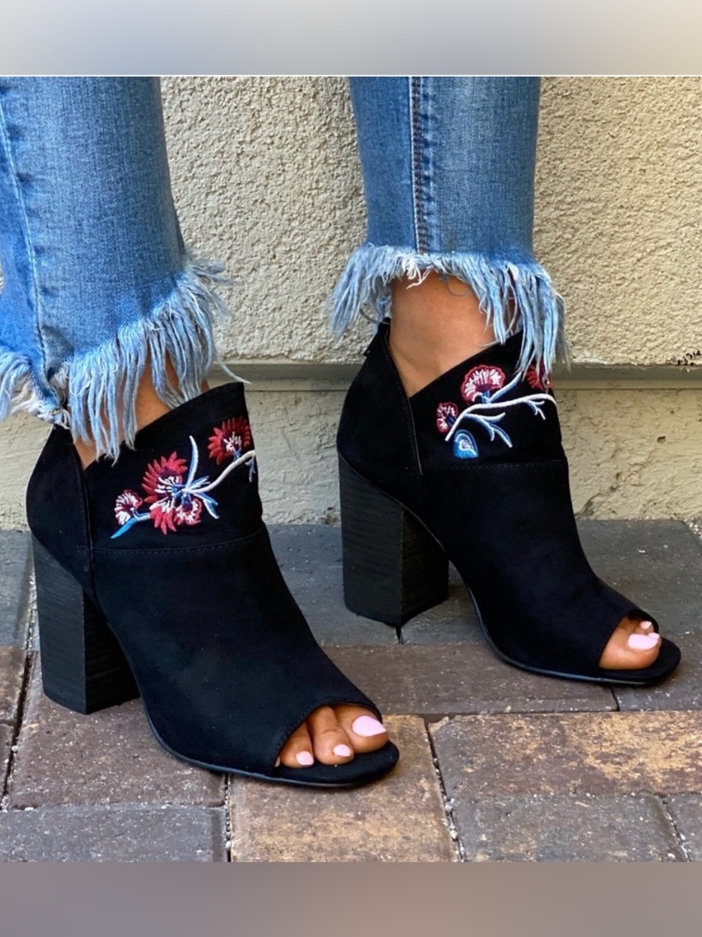 Carlos by Carlos Santana Black Faux Suede Floral Embroidered Peep-Toe Booties - Picture 3 of 16